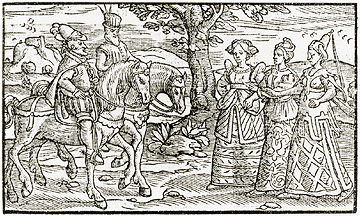 An old woodblock-style illustration for Holinshed's Historie of Scotland shows Macbeth and Banquo encountering three sisters in fairly elaborate, but not spooky clothing. 