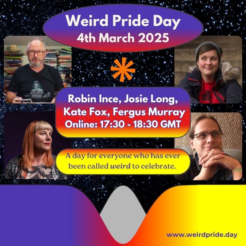 Flyer-type image for the event, repeating above information and adding 'A day for everyone who had ever been called weird to celebrate. There are also photos of the panelists, who are all white, and mostly looking off to one side.