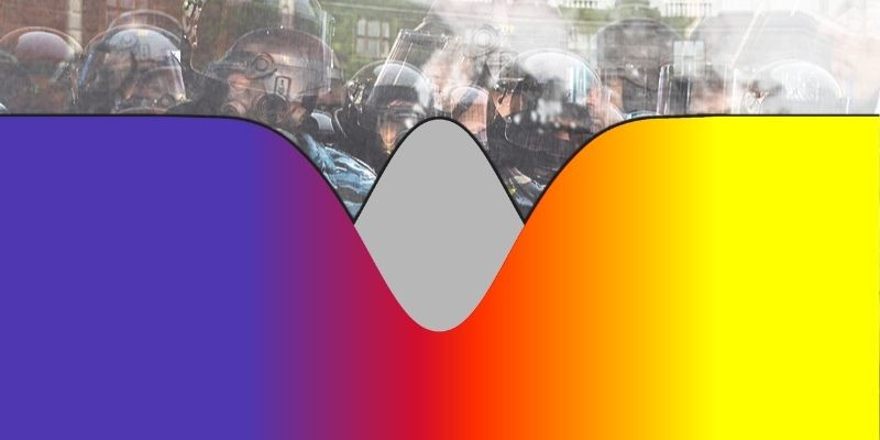 Weird Pride flag with a composite image of riot police and the Hindenburg exploding behind it.